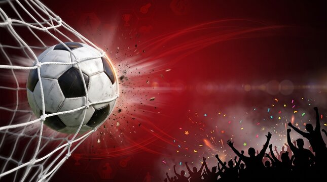 A soccer ball strikes the net with powerful impact against a dramatic red background as cheering fans celebrate with confetti.