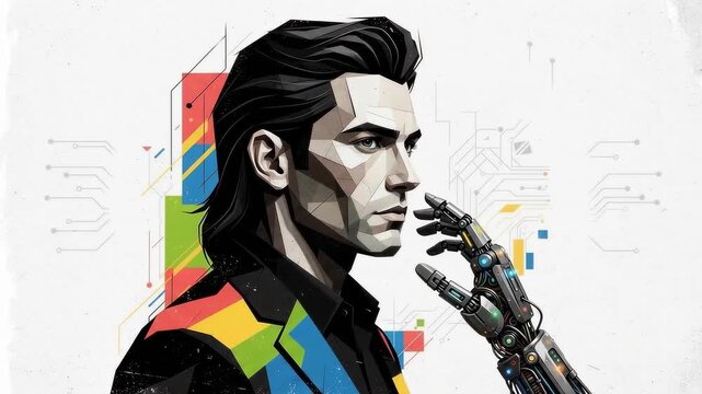 AI engineer interacting with robotic arm in futuristic environment