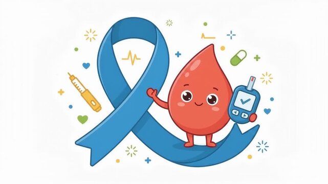 Animated blood drop characters promoting diabetes awareness and health management