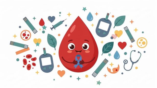 Animated blood drop character with medical tools and symbols of healthcare