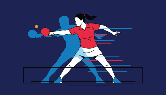 Vector illustration of a female table tennis athlete executing a fast forehand strike with motion shadow effects.