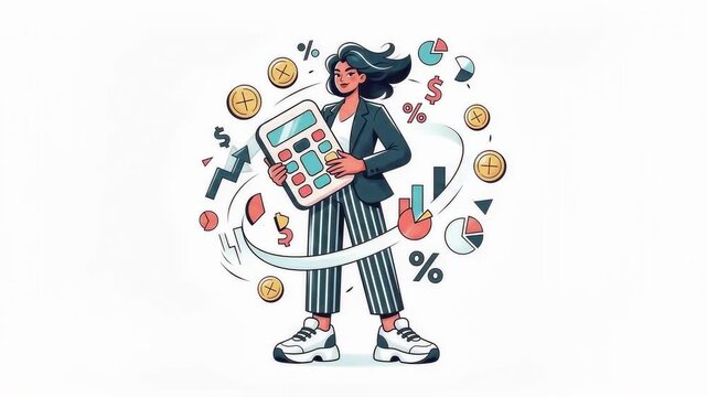 Animated female financial analyst analyzing data with calculator and graphs