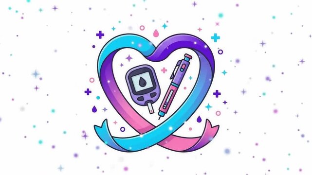 Animated glowing heart with medical tools and ribbon in vibrant colors