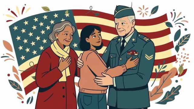 Family embraces military veteran with patriotic background and celebration