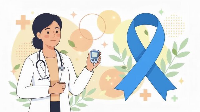 Female doctor holding glucose meter with awareness ribbon in background