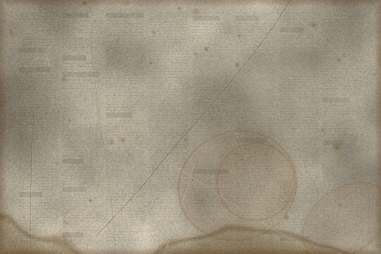 Old weathered parchment paper texture with stains creases scratches and faded newspaper text patterns creating vintage design background for historical projects