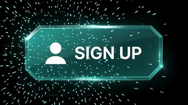 Futuristic glowing neon sign up button with user icon on abstract dark particle background.