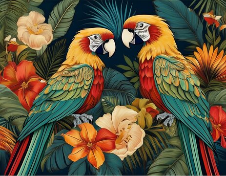 tropical parrots and floral tapestry