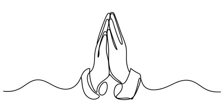 Continuous one line drawing of two hands pressed together in a prayer or namaste gesture isolated on a plain white background Vector, illustration