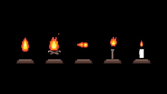 Pixel Art Set Featuring Five Distinct Fire Elements and Light Sources