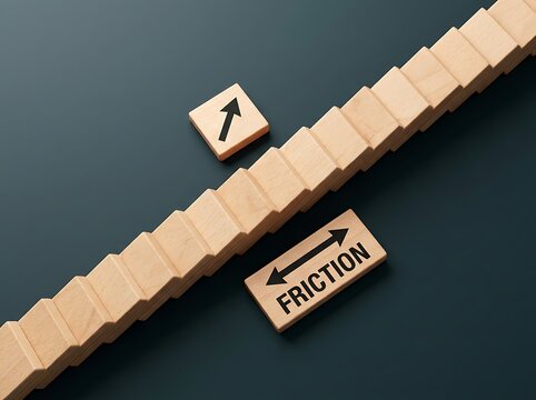 Friction Concept with Wooden Blocks and Opposing Direction Arrows Representing Resistance, Obstacles and Inefficiency Slowing Business Progress