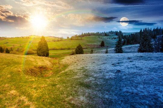 beautiful countryside of Ukraine. day meet night. sun and moon over wonderful springtime landscape in Carpathian mountains. grassy field and rolling hills. rural scenery