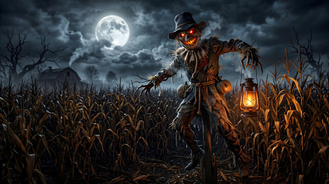 Halloween back again, Scarecrow, animated spooky scarecrow in a corn field on halloween night atmospheric chilling background ai generative