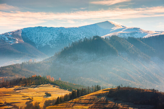 mountainous countryside landscape at sunset. dramatic light and glowing haze in the distant valley. fields and trees on the hill. beautiful rural scenery of Carpathians