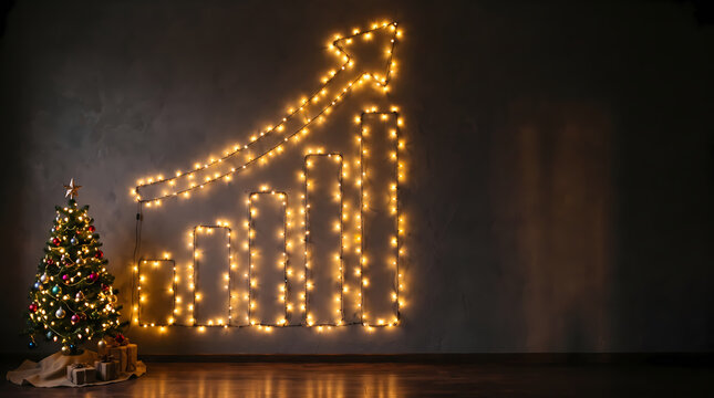 Financial growth chart made of christmas lights with tree and copy space