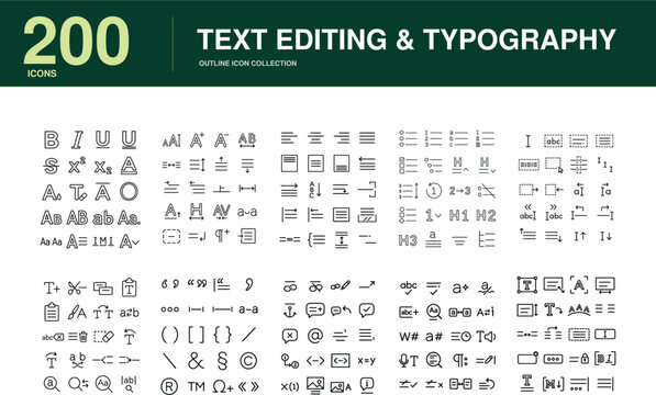 Text editing and typography set of 200 outline icons