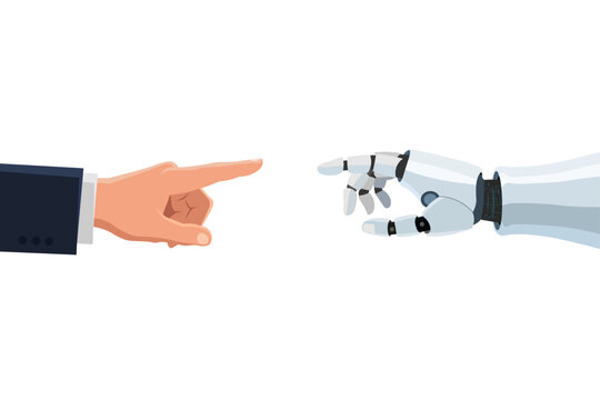 Businessman hand and cyborg robot arm pointing fingers at each other on white background. Human AI interaction concept. 