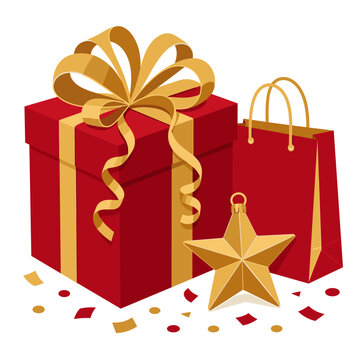Red holiday gift boxes with golden ribbon, shopping bag, star ornament, and scattered confetti