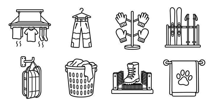 Black line illustrations of laundry, winter gear, boot cleaning and a paw-print towel