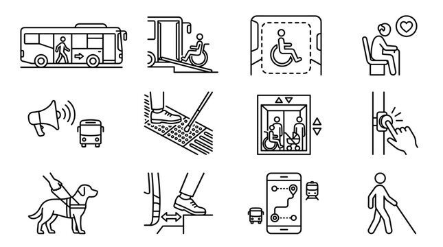 Accessible Public Transport: low-floor bus, boarding ramp, wheelchair space, priority seat, audio stop announcement, tactile paving, elevator at station, stop