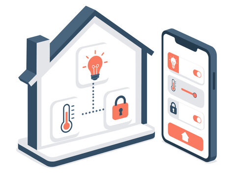 Isometric smart home security and climate controls beside a connected mobile app