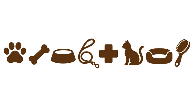 Brown pet care icons featuring a paw, bone, bowl, leash, medical cross, cat, bed, and brush