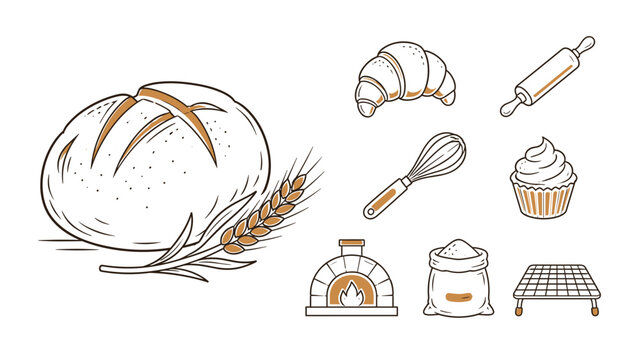 Hand-drawn bakery illustration with bread, wheat, baking tools and pastries