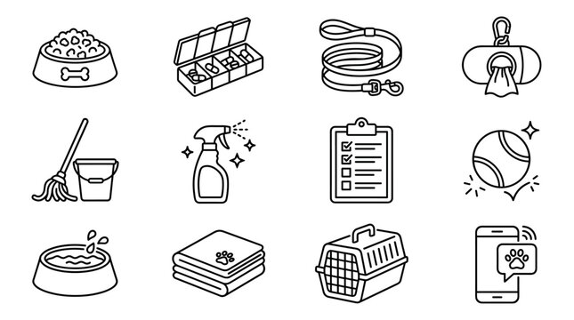 Pet boarding daily animal care schedule and staff routines: feeding bowl, medication organizer, walking leash, waste bag dispenser, cleaning mop, disinfectant