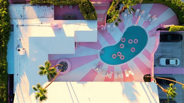 Drone footage of a small retro-style hotel with a kidney-shaped pool decorated with colorful float rings, captured in Palm Springs, California. The camera pulls up to reveal the symmetrical courtyard