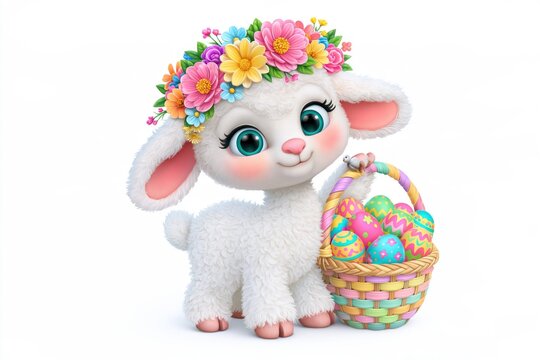 Adorable lamb carrying an easter egg filled basket