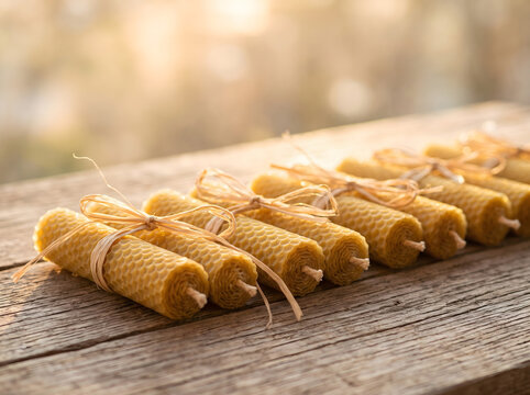 Rolled beeswax candles tied with raffia on wood