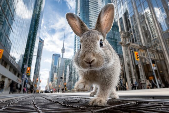 Rabbit exploring busy city street in Toronto during daytime with skyscrapers around
