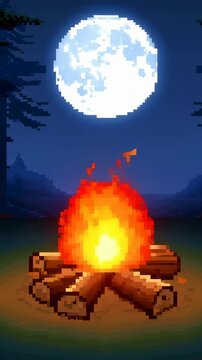 Pixel art campfire burns in a forest clearing beneath a full moon at night. Camping content, outdoor recreation promotion, and retro game design.