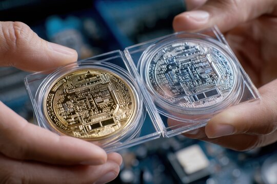 Collecting unique cryptocurrency coins in close-up view at a technology event