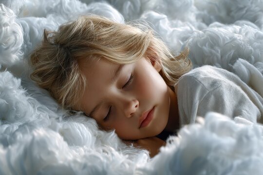 Child peacefully sleeping on soft fluffy bedding in a serene indoor environment