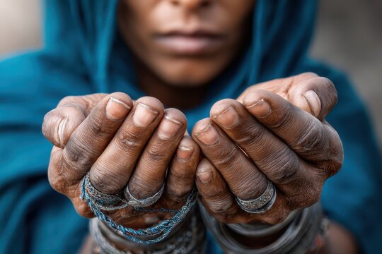 Portrait of a person with open hands, showcasing resilience and hope in a rural setting