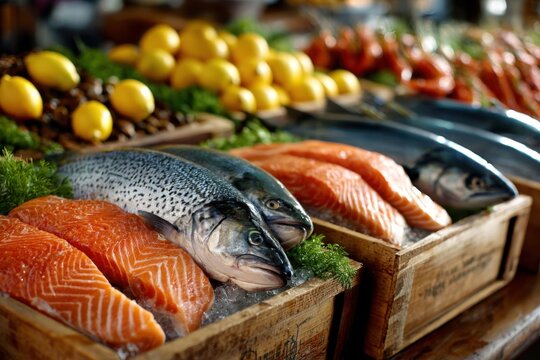 Fresh Fish and Salmon on Ice in Wooden Crates