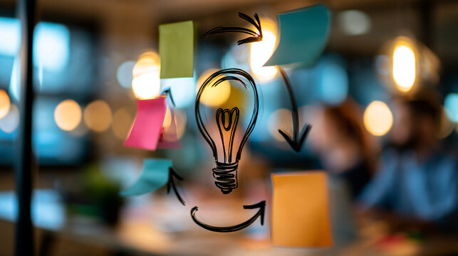 Circular workflow of colorful sticky notes with clockwise arrows drawn around a central lightbulb sketch on a glass wall office in soft focus behind agile process iteration circular