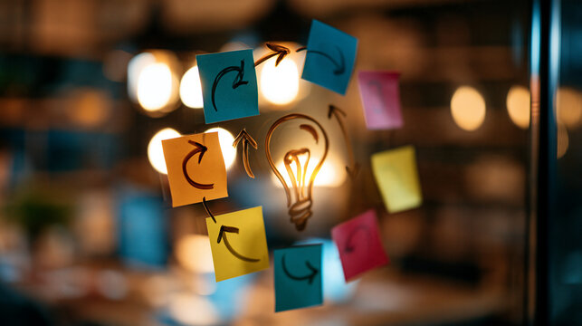 Circular workflow of colorful sticky notes with clockwise arrows drawn around a central lightbulb sketch on a glass wall office in soft focus behind agile process iteration circular