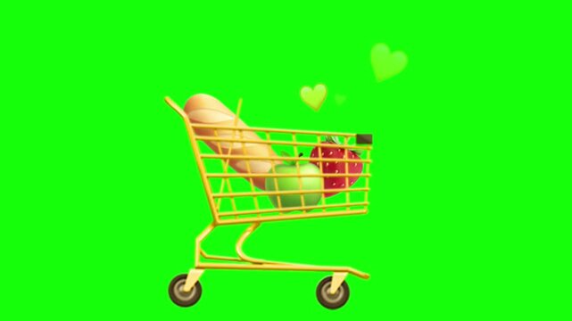 3d gold shopping cart filled with fresh groceries and floating hearts on a green screen chroma key background