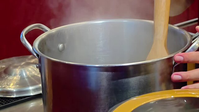 Chef stirring pot with wooden spoon, Food Preparation, Industrial kitchen Stove, Wholesome Lifestyle, Closeup