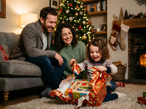Happy family celebrating Christmas together at home as a little girl opens a gift