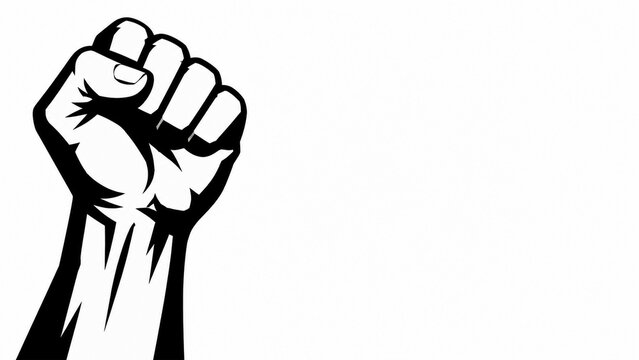 Raised clenched fist in bold black and white illustration symbolizing power, strength, resistance, solidarity, protest and freedom, minimalist graphic with copy space on white background
