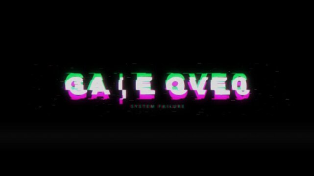 Game over glitch text with system failure subtitle and RGB split effect on black background. Digital distortion title video for gaming, esports, retro arcade and error screen