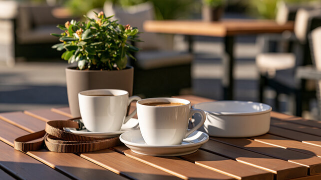 A minimalist outdoor cafe still life featuring two coffee cups, a dog leash, a water bowl and a small potted plant on a wooden table, soft morning shadows and blurred patio