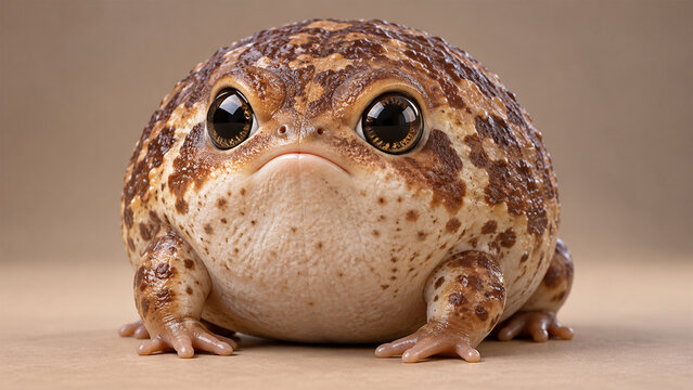 Cute chubby brown and cream cartoon frog with huge glossy eyes, round body and adorable expression sitting on a beige background, realistic 3D animated amphibian character