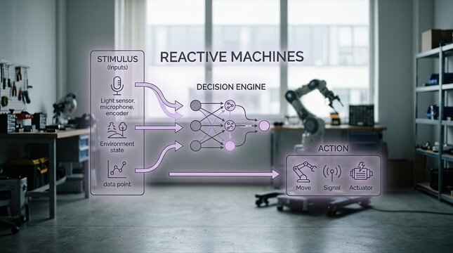 Conceptual diagram visualizing reactive machine intelligence and robotic automation, detailing advanced artificial intelligence for automated decision-making in a modern technology lab setting