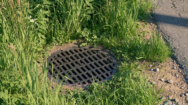 Round metal storm drain grate in green grass next to asphalt road