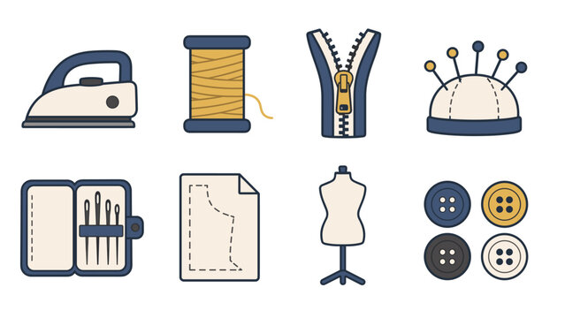 Flat sewing and tailoring icon set arranged in two rows showing a clothes iron thread spool zipper pincushion needle case pattern paper dress form and buttons