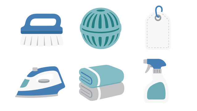 Set of flat household cleaning and laundry items with a scrub brush clothes iron and spray bottle alongside a blank tag and turquoise accessories